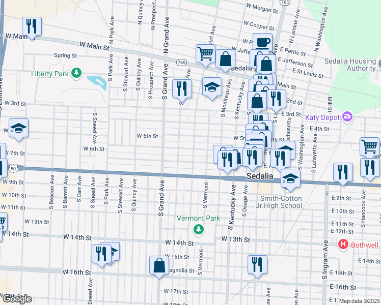 map of restaurants, bars, coffee shops, grocery stores, and more near 600 South Missouri Avenue in Sedalia