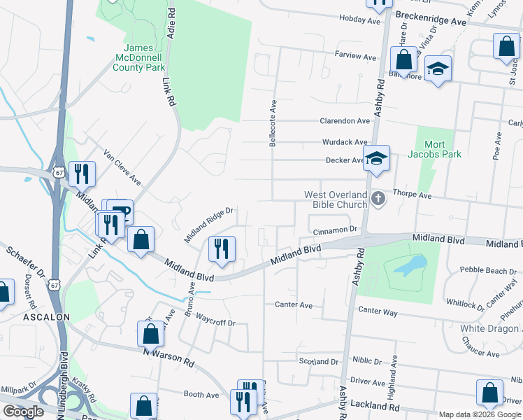 map of restaurants, bars, coffee shops, grocery stores, and more near 10726 Ridge Avenue in St. Louis