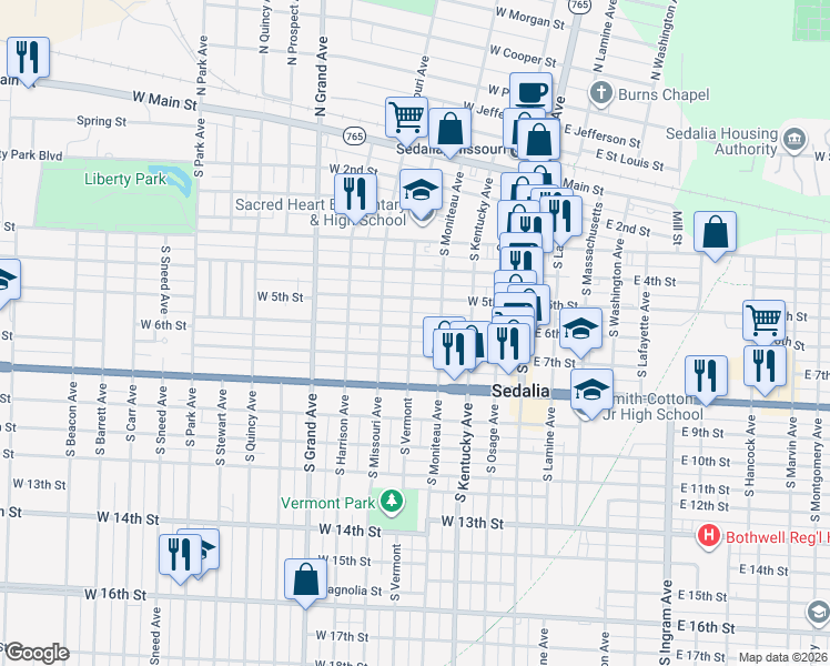 map of restaurants, bars, coffee shops, grocery stores, and more near 423 West 6th Street in Sedalia