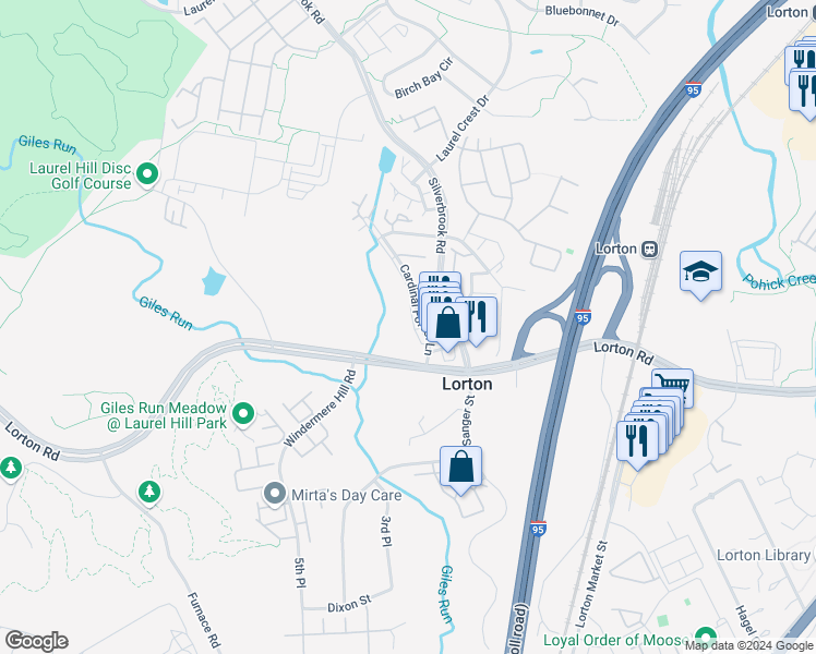 map of restaurants, bars, coffee shops, grocery stores, and more near 9278 Cardinal Forest Lane in Lorton