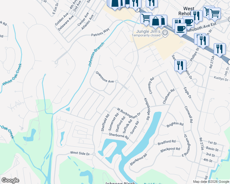 map of restaurants, bars, coffee shops, grocery stores, and more near 9 Corofin Lane in Rehoboth Beach