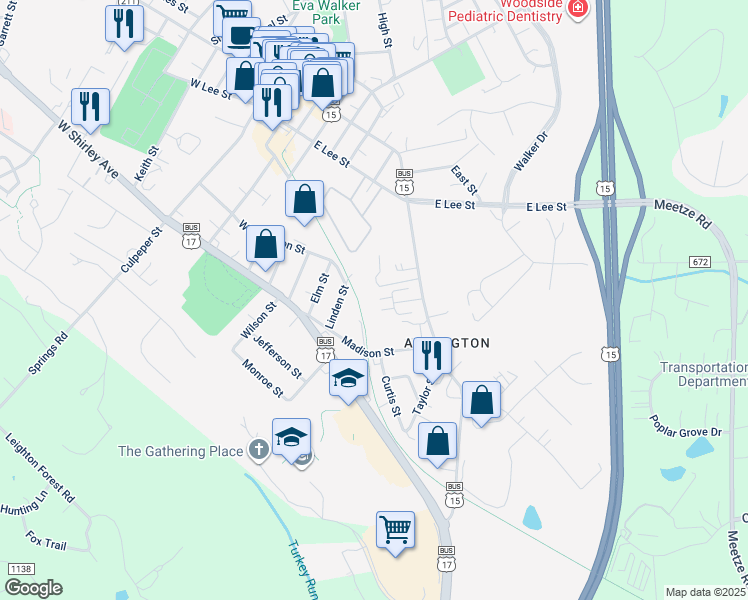 map of restaurants, bars, coffee shops, grocery stores, and more near 210 Aviary Street in Warrenton
