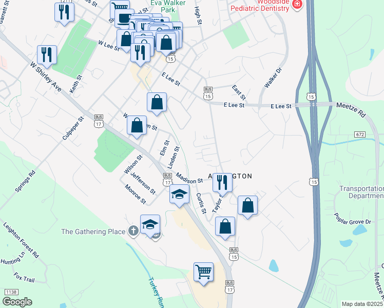 map of restaurants, bars, coffee shops, grocery stores, and more near 210 Aviary Street in Warrenton