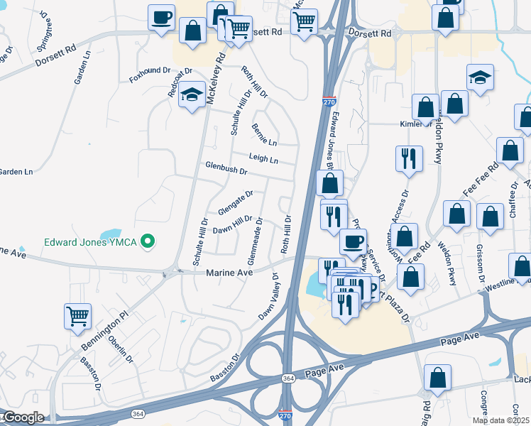 map of restaurants, bars, coffee shops, grocery stores, and more near 1432 Glenmeade Drive in Maryland Heights