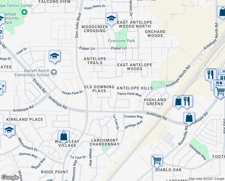map of restaurants, bars, coffee shops, grocery stores, and more near 5228 Thomasino Way in Antelope