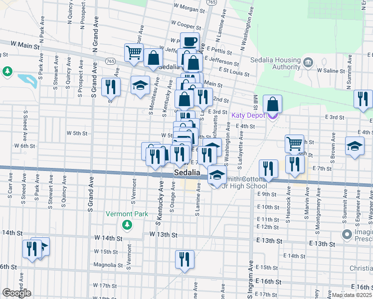 map of restaurants, bars, coffee shops, grocery stores, and more near 100 East 6th Street in Sedalia