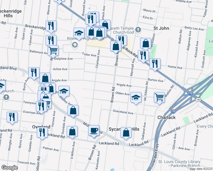 map of restaurants, bars, coffee shops, grocery stores, and more near 8920 Argyle Avenue in Overland