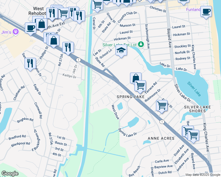 map of restaurants, bars, coffee shops, grocery stores, and more near 20582 Bay Road in Rehoboth Beach