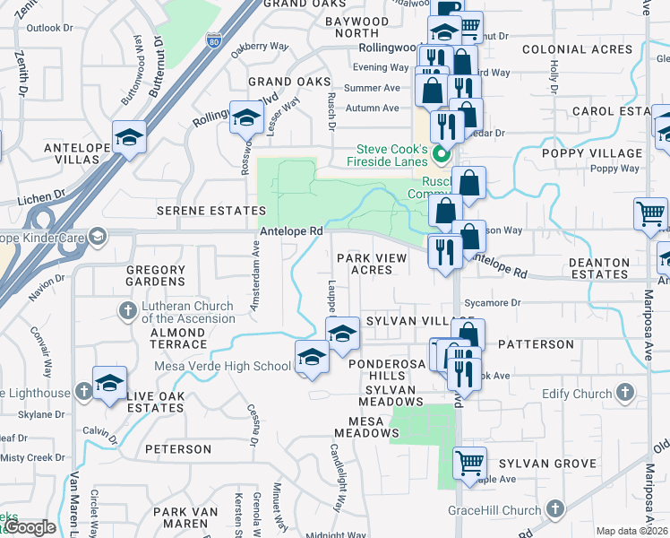 map of restaurants, bars, coffee shops, grocery stores, and more near 77014 Lauppe Lane in Citrus Heights
