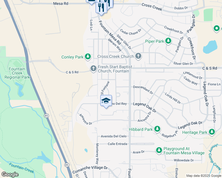 map of restaurants, bars, coffee shops, grocery stores, and more near 2064 Calle Corona in Fountain
