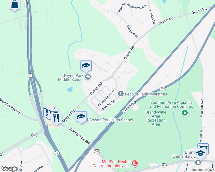 map of restaurants, bars, coffee shops, grocery stores, and more near 8112 Elora Lane in Brandywine