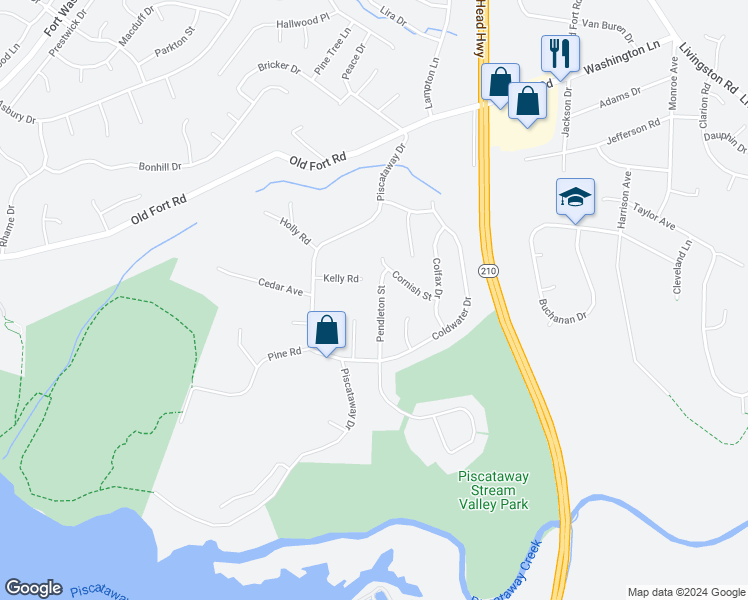 map of restaurants, bars, coffee shops, grocery stores, and more near 13307 Pendleton Street in Fort Washington