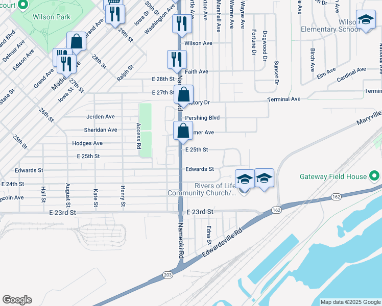 map of restaurants, bars, coffee shops, grocery stores, and more near 2808 East 25th Street in Granite City