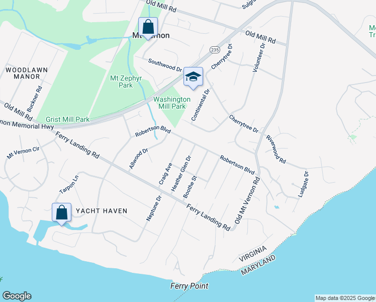 map of restaurants, bars, coffee shops, grocery stores, and more near 9304 Heather Glen Drive in Alexandria
