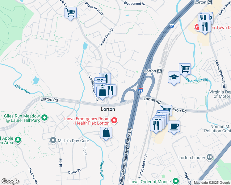 map of restaurants, bars, coffee shops, grocery stores, and more near 8169 Cockburn Court in Lorton