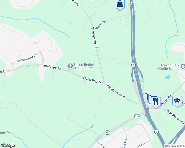 map of restaurants, bars, coffee shops, grocery stores, and more near 13325 Brandywine Road in Brandywine