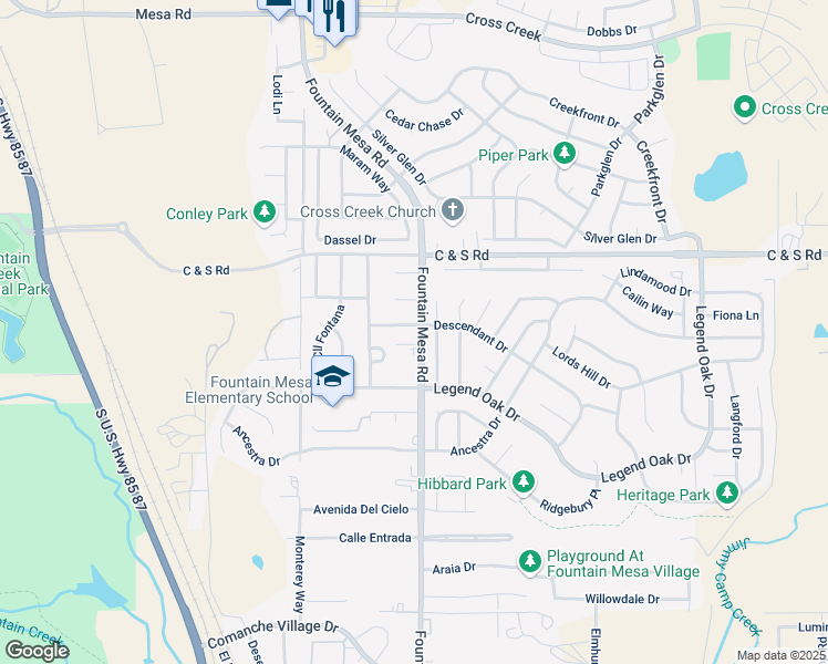 map of restaurants, bars, coffee shops, grocery stores, and more near 594 Calle Conejos in Fountain