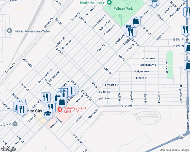 map of restaurants, bars, coffee shops, grocery stores, and more near 2400 Madison Avenue in Granite City