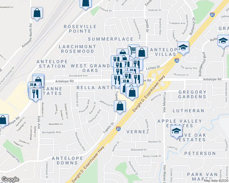 map of restaurants, bars, coffee shops, grocery stores, and more near 6439 Tupelo Drive in Citrus Heights