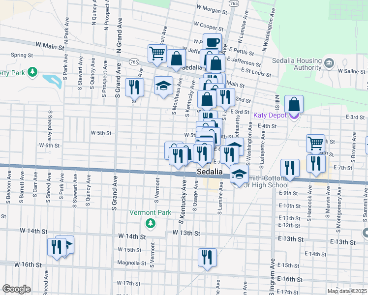 map of restaurants, bars, coffee shops, grocery stores, and more near 317 West 6th Street in Sedalia