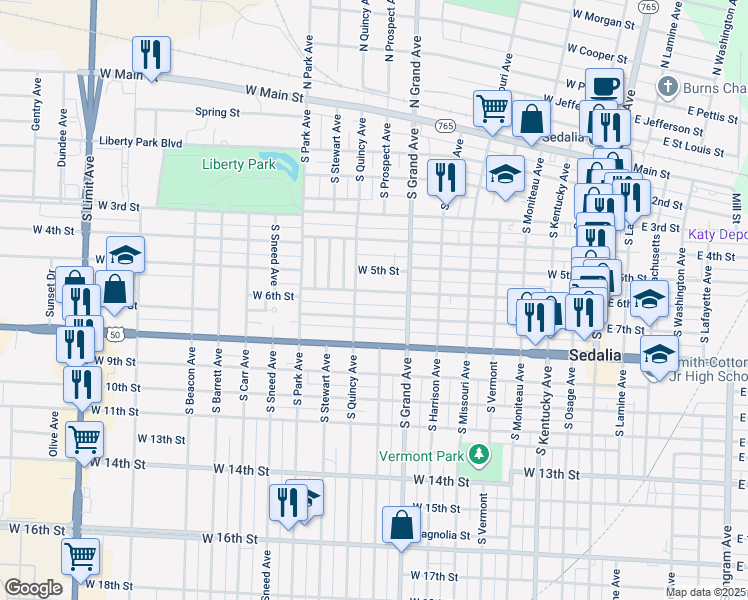 map of restaurants, bars, coffee shops, grocery stores, and more near 921 West 6th Street in Sedalia