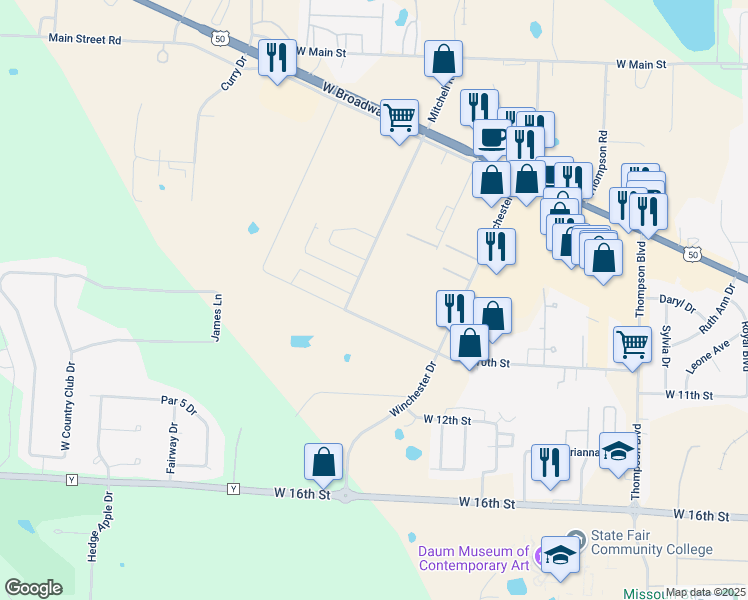 map of restaurants, bars, coffee shops, grocery stores, and more near 975 Mitchell Road in Sedalia