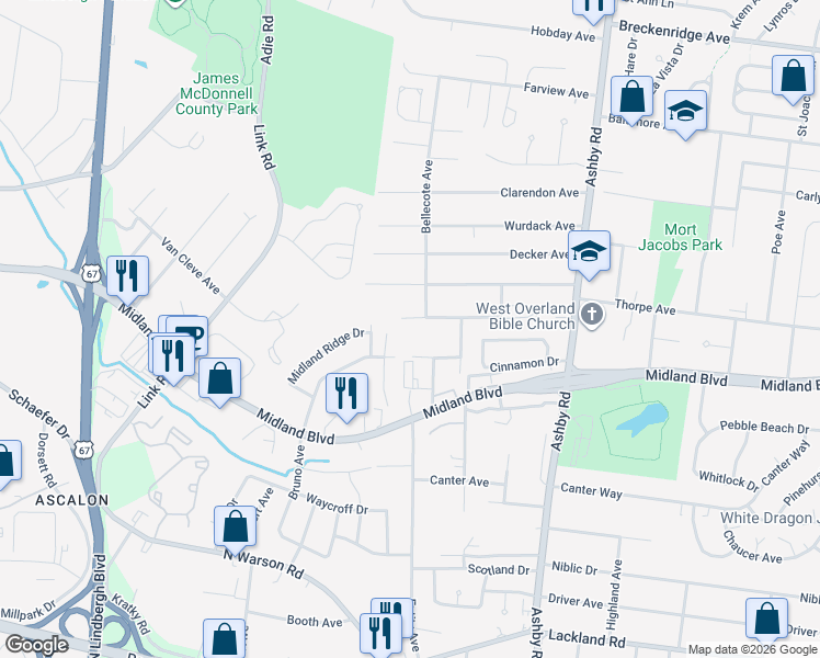 map of restaurants, bars, coffee shops, grocery stores, and more near 10726 Ridge Avenue in St. Louis