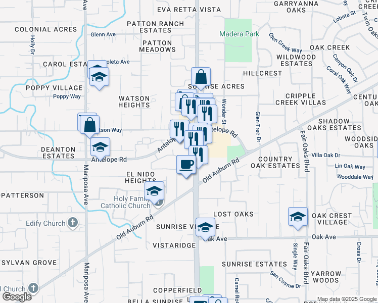 map of restaurants, bars, coffee shops, grocery stores, and more near 7711 Sunrise Boulevard in Citrus Heights