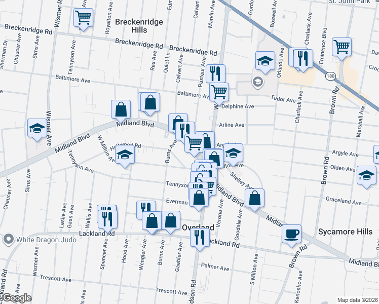 map of restaurants, bars, coffee shops, grocery stores, and more near 9436 Midland Boulevard in St. Louis
