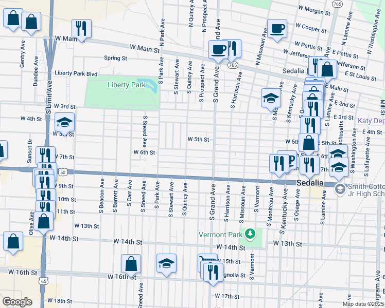 map of restaurants, bars, coffee shops, grocery stores, and more near 921 West 6th Street in Sedalia