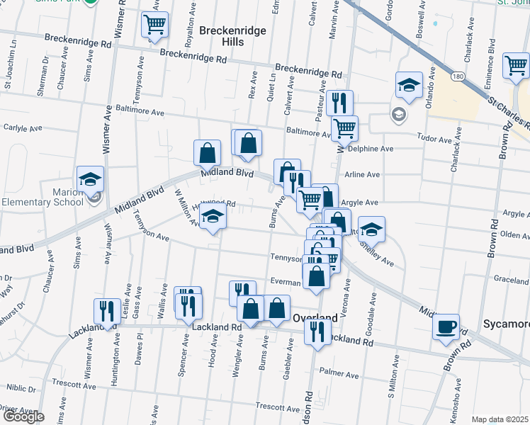 map of restaurants, bars, coffee shops, grocery stores, and more near 9502 Holtwood Road in Overland