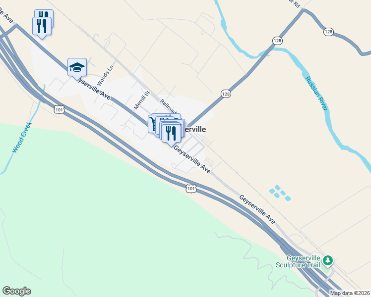 map of restaurants, bars, coffee shops, grocery stores, and more near 65 Bosch Street in Geyserville