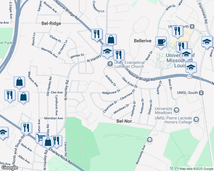 map of restaurants, bars, coffee shops, grocery stores, and more near 8435 Roanoke Drive in St. Louis