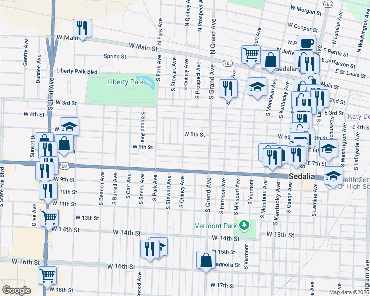 map of restaurants, bars, coffee shops, grocery stores, and more near 921 West 6th Street in Sedalia