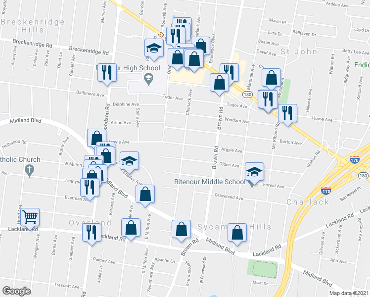 map of restaurants, bars, coffee shops, grocery stores, and more near 8964 Argyle Avenue in Overland