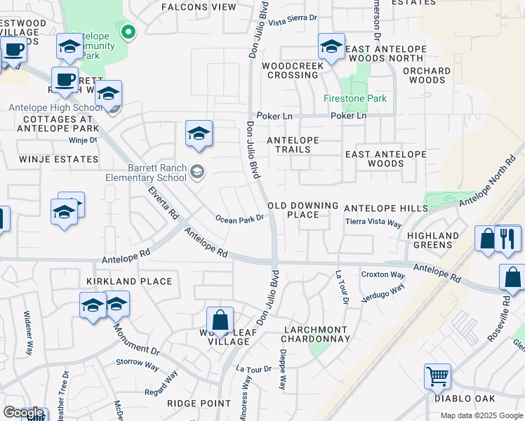 map of restaurants, bars, coffee shops, grocery stores, and more near 7806 Carraway Drive in Antelope