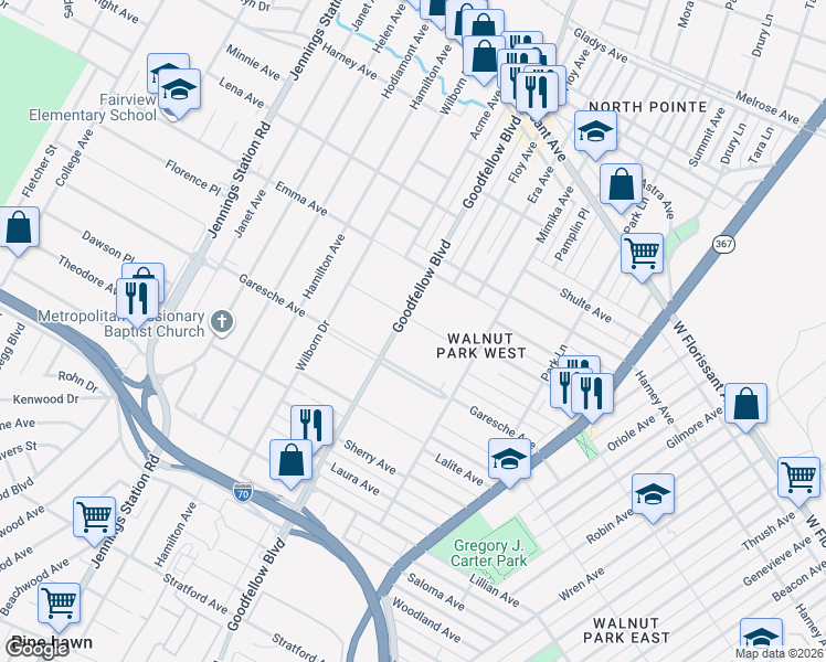 map of restaurants, bars, coffee shops, grocery stores, and more near 6170 Lucille Avenue in St. Louis