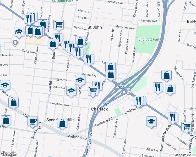 map of restaurants, bars, coffee shops, grocery stores, and more near 8630 Burton Avenue in St. Louis