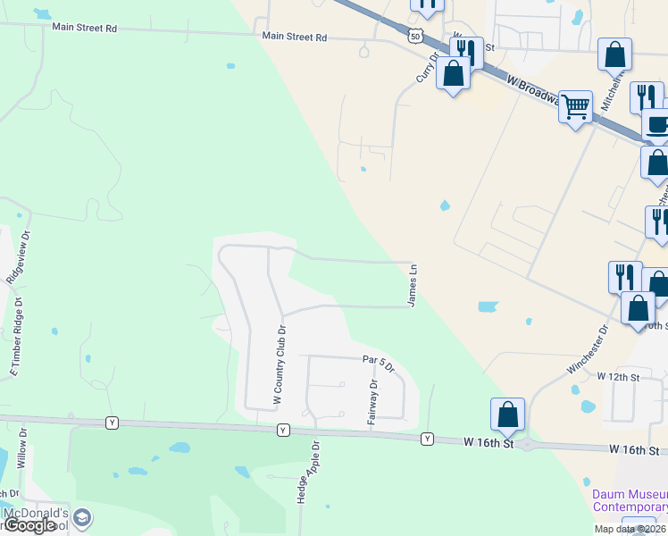 map of restaurants, bars, coffee shops, grocery stores, and more near 2501-2599 James Lane in Sedalia
