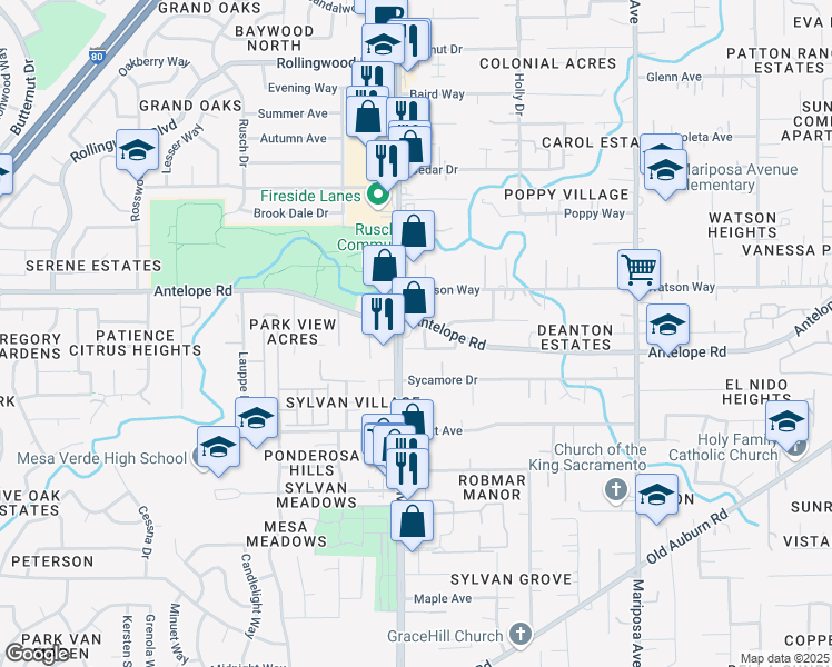 map of restaurants, bars, coffee shops, grocery stores, and more near 7700 Auburn Boulevard in Citrus Heights