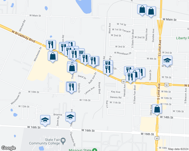 map of restaurants, bars, coffee shops, grocery stores, and more near 900 Royal Boulevard in Sedalia