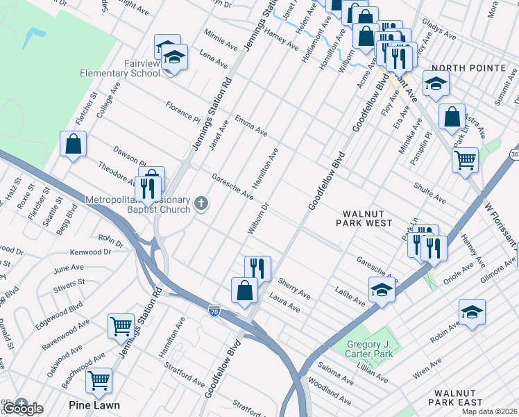 map of restaurants, bars, coffee shops, grocery stores, and more near 6344 Garesche Avenue in Jennings