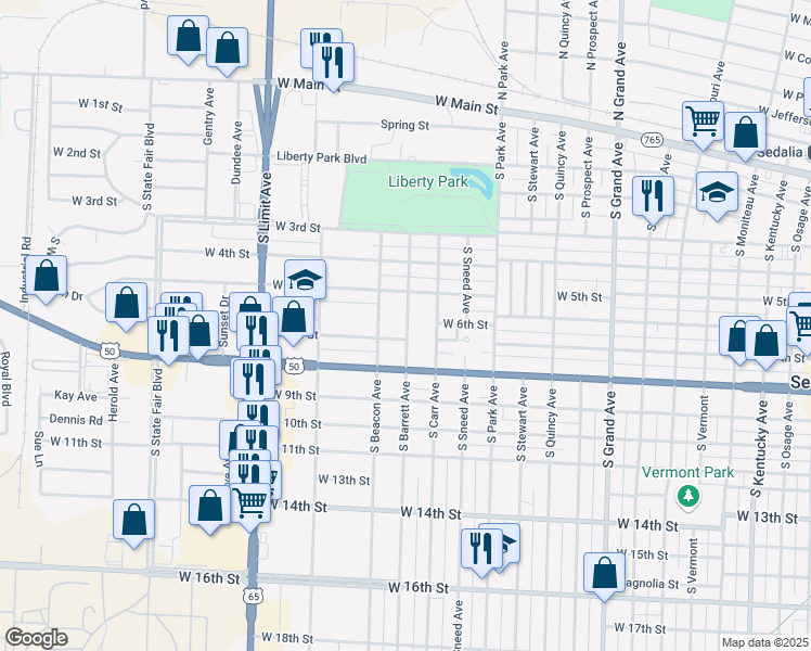 map of restaurants, bars, coffee shops, grocery stores, and more near 555-699 South Barrett Avenue in Sedalia