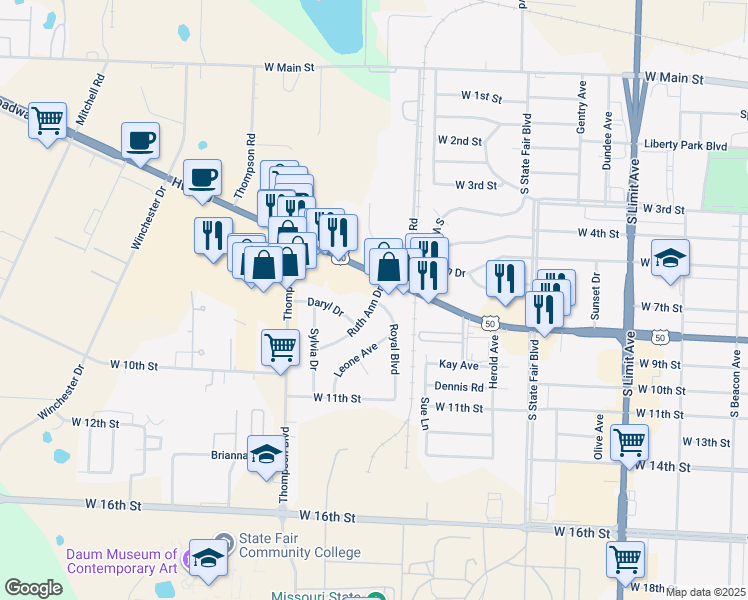 map of restaurants, bars, coffee shops, grocery stores, and more near 900-984 Royal Blvd in Sedalia