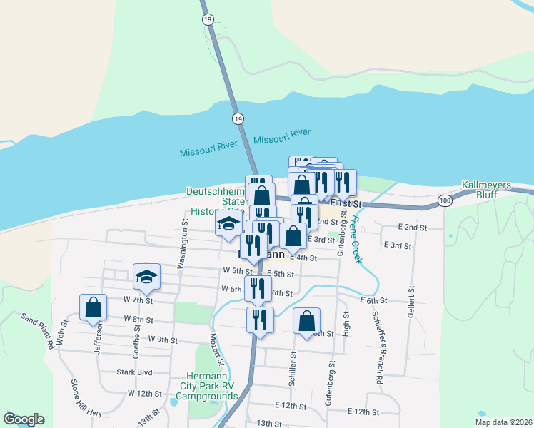 map of restaurants, bars, coffee shops, grocery stores, and more near 108 East 2nd Street in Hermann