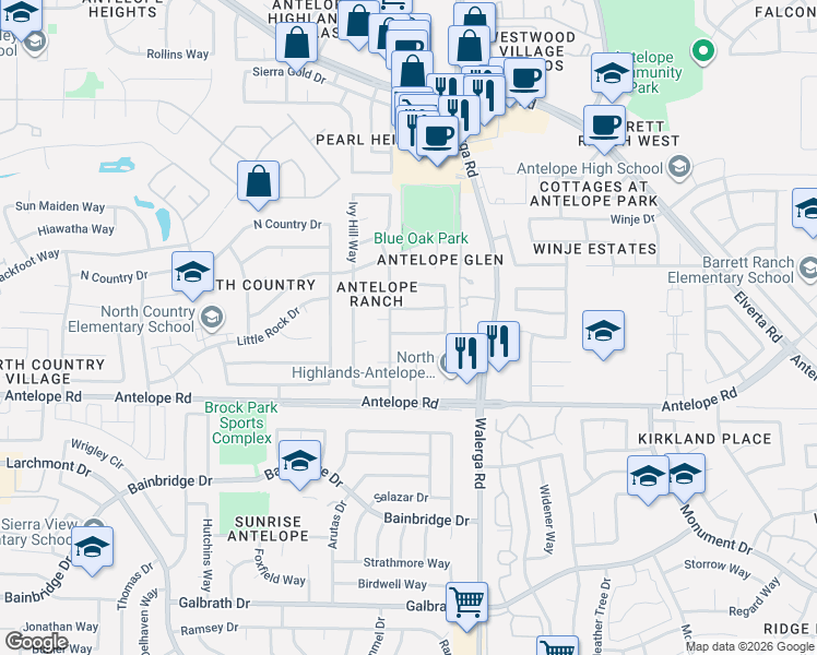 map of restaurants, bars, coffee shops, grocery stores, and more near 4209 Cougar Hills Way in Antelope
