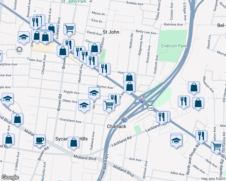 map of restaurants, bars, coffee shops, grocery stores, and more near 8630 Burton Avenue in St. Louis