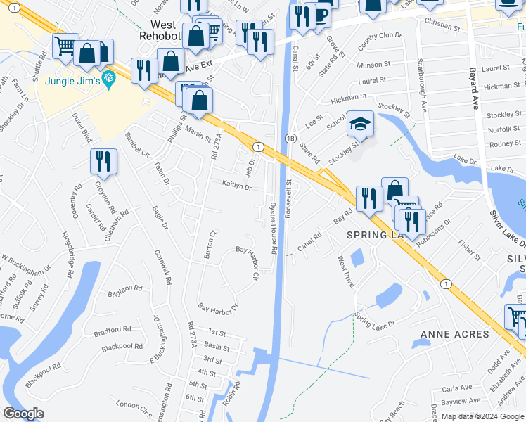 map of restaurants, bars, coffee shops, grocery stores, and more near 37686 Oyster House Road in Rehoboth Beach