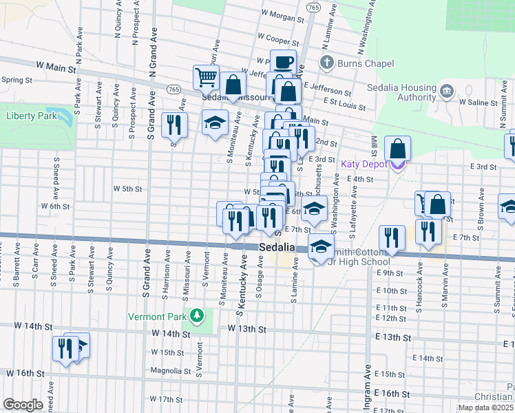 map of restaurants, bars, coffee shops, grocery stores, and more near 201-299 West 6th Street in Sedalia