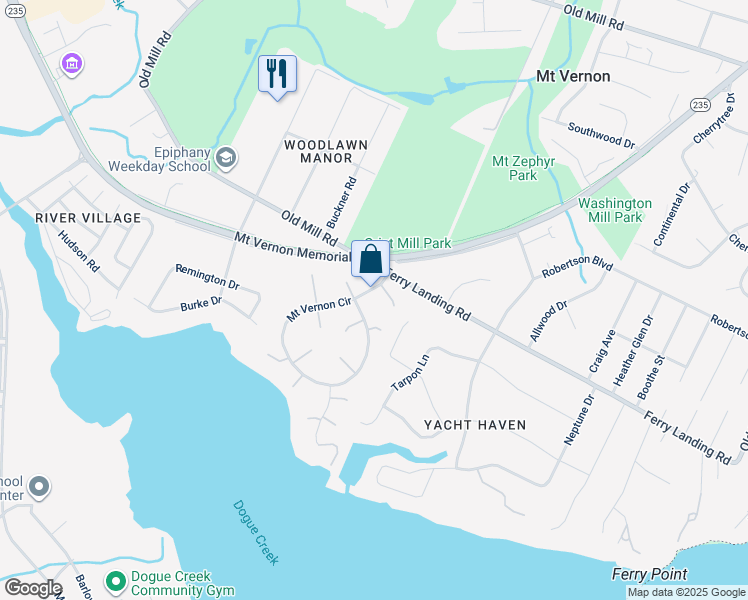 map of restaurants, bars, coffee shops, grocery stores, and more near 9315 Mount Vernon Circle in Alexandria